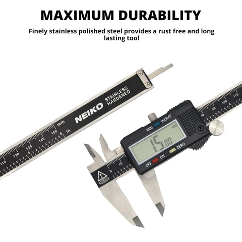 Electronic Digital Caliper Measuring Tool, 0 - 6 Inches Stainless Steel Construction with Large LCD Screen showing 15.00mm for precision measurement