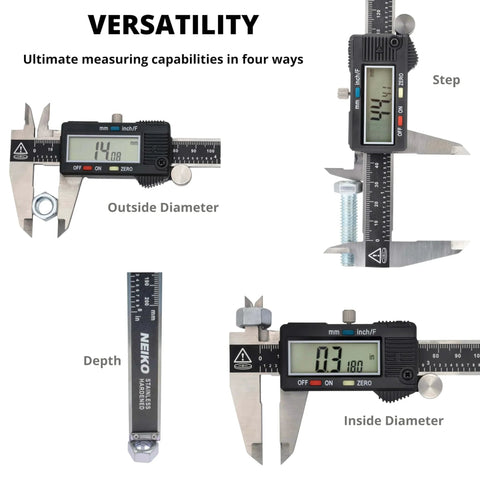 Electronic Digital Caliper Measuring Tool, 0 - 6 Inches Stainless Steel Construction with Large LCD Screen, displaying outside, inside, step, and depth measurements