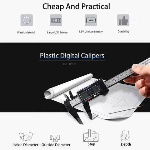 Electronic Digital Calipers, inch and Millimeter Conversion with LCD Screen, measuring paper, 150mm Black Plastic