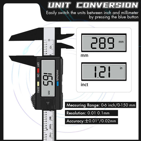 Electronic Digital Calipers, inch and Millimeter Conversion, LCD Screen displays 0-6" Caliper Measuring Tool with unit conversion