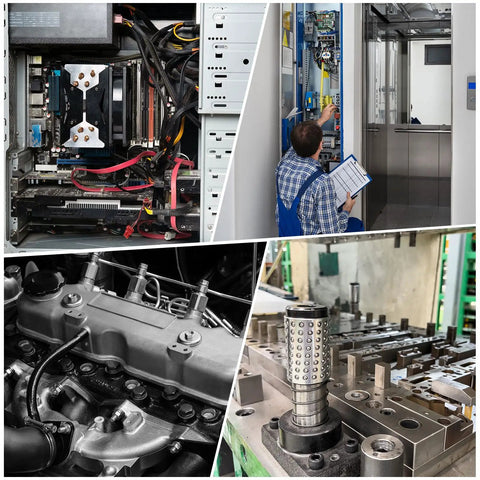Collage of machinery including computer interior, technician fixing panel, engine, and industrial components.