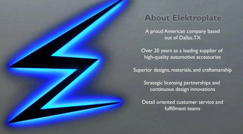 About Elektroplate sign showcasing company details and their reputation for quality automotive accessories from Dallas, TX.