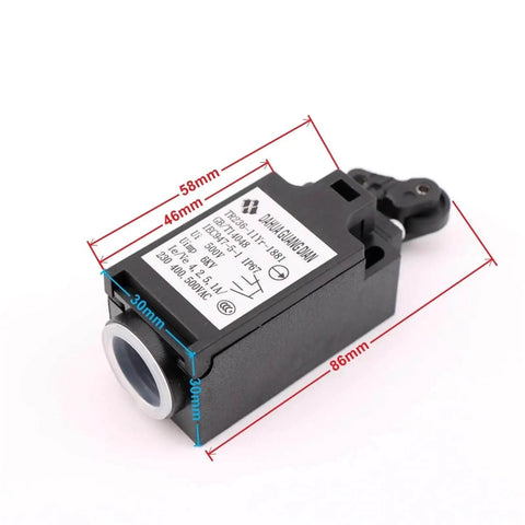 Elevator Speed Limiter Buffer Tension Wheel Switch With Manual Reset And Automatic Reset, shown with measurements