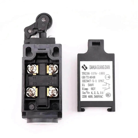 Elevator Speed Limiter Buffer Tension Wheel Switch With Manual Reset And Automatic Reset, Industrial Grade Elevator Control Component TR236-11Yr ZR231-11Yr With Wheels, Durable Build, No Fuss Easy Install, Safety Focused, showing front and side view.