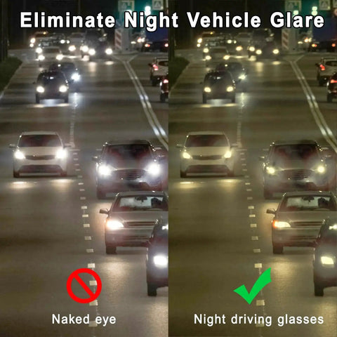 Comparison of driving at night with and without Unisex Large Night Vision Driving Glasses Anti Glare For Safe Night Driving.