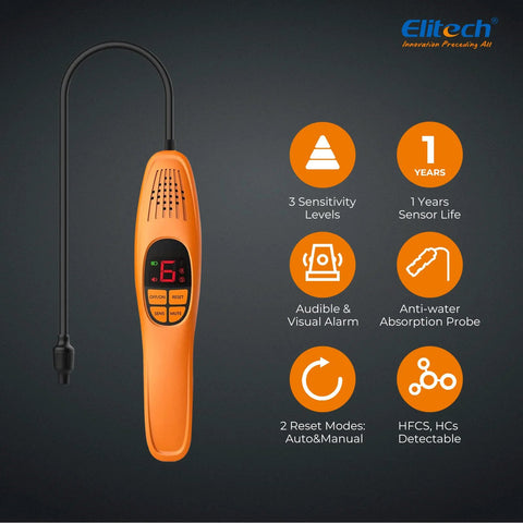 Elitech LD-100+ refrigerant leak detector, handheld orange Freon sniffer with digital display and probe.