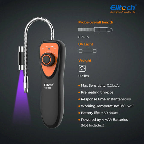 Elitech CLD-100 refrigerant leak detector handheld with orange front panel and flexible chrome probe.