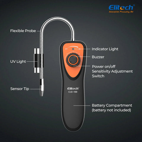 Elitech CLD-100 refrigerant leak detector with flexible probe, orange front panel, black body.