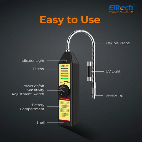 Elitech Freon leak detector handheld HVAC gas tester with flexible metal probe and yellow label