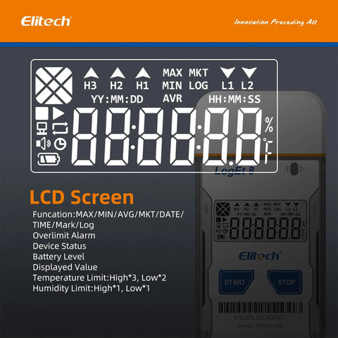 Elitech USB temperature data logger with LCD display; gray body, orange header and blue Start/Stop buttons