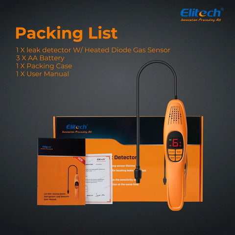 Elitech LD-100+ refrigerant leak detector with orange handheld unit and curved sensor probe with display