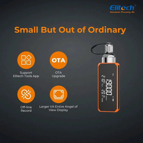 Elitech smart wireless micron gauge with features for HVAC systems, supports app integration and data logging, displayed on dark background.