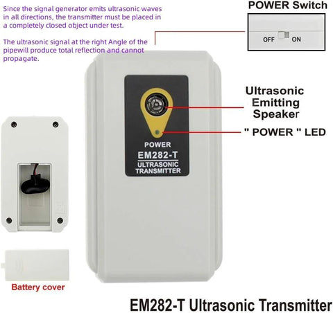 EM282-T Ultrasonic Transmitter front and back views with power switch, LED, speaker, and battery cover