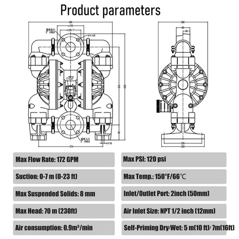 Technical diagram of EMAGENE Air Operated Double Diaphragm Pump2 inch Inlet/Outlet Pneumatic Waste Oil Transfer Pump with specifications.