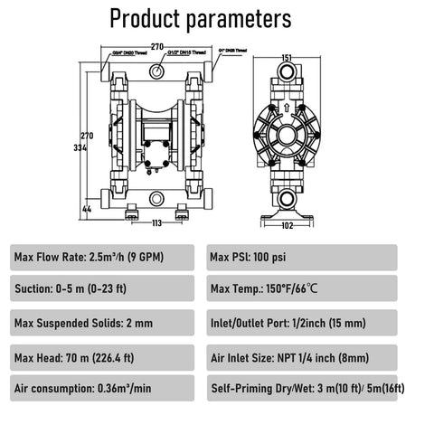 Diagram and specifications of EMAGENE Air-Operated Double Diaphragm Pump, 1/2 inch inlet and outlet, polypropylene body, 9GPM, Max 100pSI.