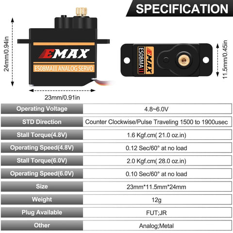 Specifications of 12g Servo EMAX Servo RC Steering Servo with dimensions, operating voltage, and torque details