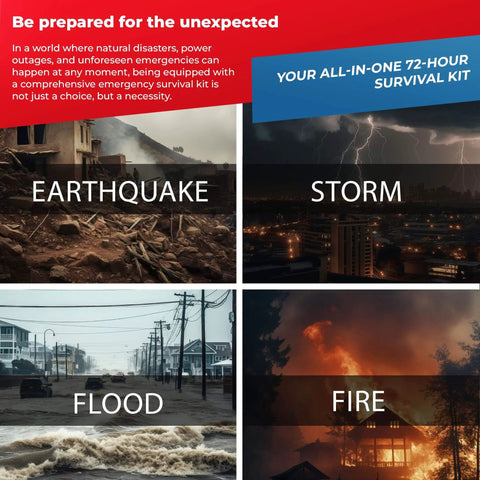 Image collage with scenes of earthquake, storm, flood, and fire, promoting All-In-One Emergency Survival Kit For Four People With 72-Hour Supply Pack.