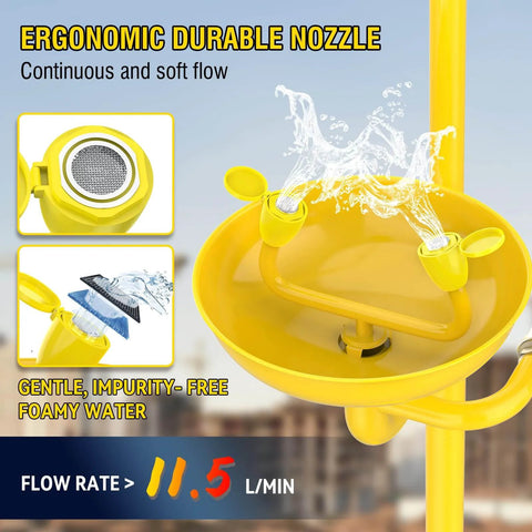 Close-up of industrial Emergency Shower and Eyewash Station with yellow ABS coating showing nozzles and water flow, ANSI compliant.