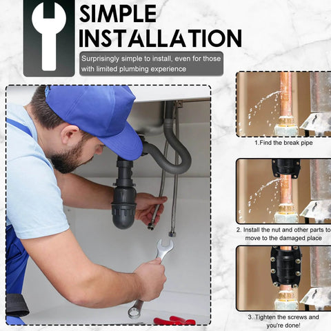 Person using Emergency Pipe Leak Repair Clamp Kit For Plastic And Metal Pipes 20mm Reusable Water Pipe Repair Fixture for installation.