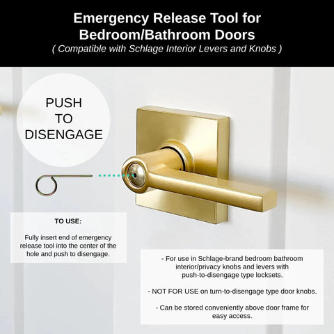 Interior privacy door key pin set in a 5 pack restores quick privacy for interior doors with easy replacement pins; stores above the door frame, swaps in fast, and fits standard privacy hardware for reliable security and convenience. Shown is an emergency release tool compatible with Schlage interior levers on a door.
