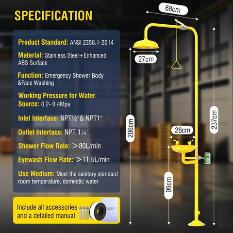 Emergency Shower And Eyewash Station Industrial Grade With OSHA Approval And ANSI Z358.1 2014 Compliance 304 Stainless Steel Construction With Yellow ABS Coating First Aid Shower Combination Kit And Emergency Sign For Construction Labs.