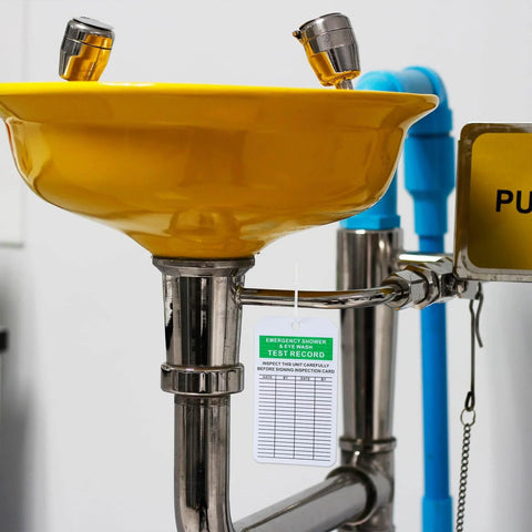 Installed yellow eyewash station with Emergency Shower And Eyewash Inspection Tags Set With 30 Double Sided Record Tags visible.
