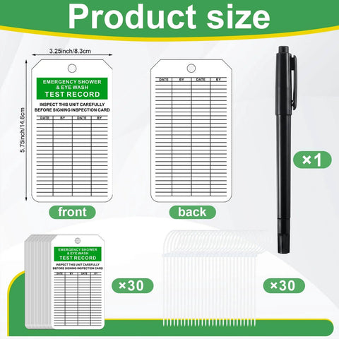 Emergency Shower And Eyewash Inspection Tags Set With 30 Double Sided Record Tags And 30 Zip Ties And Marker For Quick Compliance Tracking Date And Signature Fields Industrial Grade Tear Proof shown with pen and tag size dimensions.