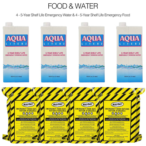 Four Person 72 Hour Deluxe Emergency Kit Backpack With First Aid Gear Survival Blanket Power Station Emergency Food And Hygiene Supplies For Earthquake Fire Flood Preparedness with Aqua Liters and Mayday food rations.