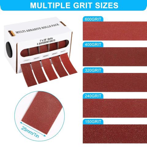 Emery Cloth Roll With Dispenser, 5 Grits Sandpaper Set Featuring 150 240 320 400 600 Grit, display of grit sizes and dispenser box