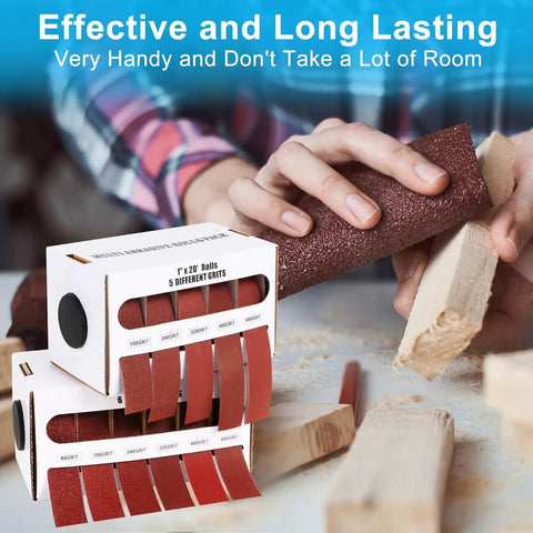 Hands using Emery Cloth Roll With Dispenser, 5 Grits Sandpaper Set featuring different grit for woodworking.