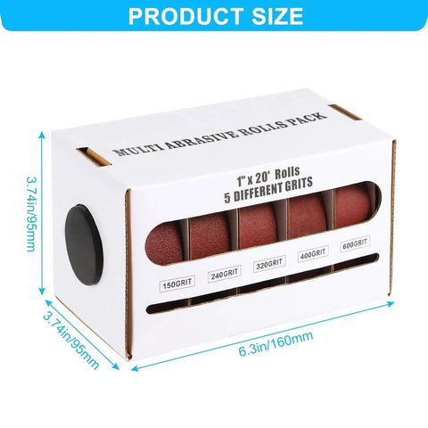 Emery Cloth Roll With Dispenser, 5 Grits Sandpaper Set Featuring 150 240 320 400 600 Grit, packaging with dimensions shown