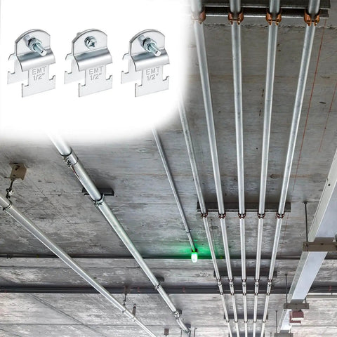 EMT Pipe Universal Strut Clamps Ten Pack One Half Inch Electro Galvanized Conduit Channel Clamps installed on ceiling pipes