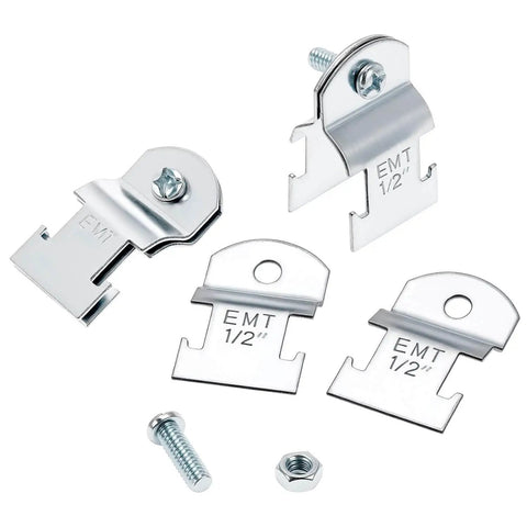 EMT Pipe Universal Strut Clamps Ten Pack One Half Inch Electro Galvanized Conduit Channel Clamps with hardware for secure mounting