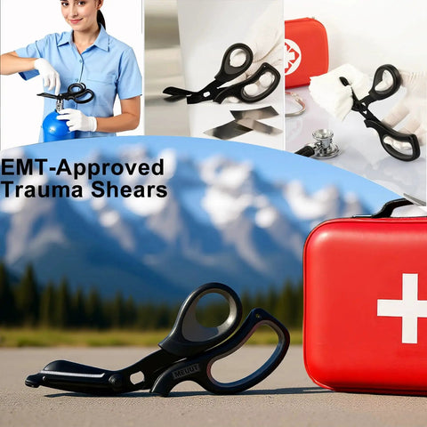 2 Pack Medical Trauma Shears For Left And Right Hand with red first aid kit and mountains in background