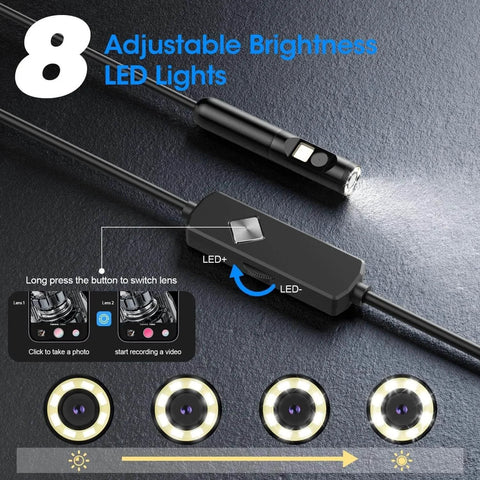 Endoscope with Light showing 8 adjustable LED lights and controls on 16.4ft semi-rigid snake camera, dual lens, and button for switch modes.