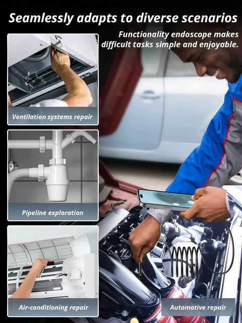 Endoscope Camera with Light used in ventilation, pipeline, air-conditioning, and automotive repair scenarios.