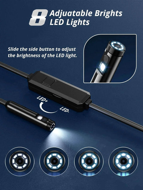 Endoscope Camera with Light, Dual-Lens 1920P HD Borescope with 8 Adjustable LED Lights highlighting LED brightness control