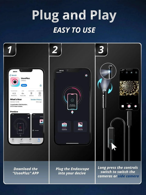 Setup guide for Endoscope Camera with Light, Dual-Lens 1920P HD Borescope with 8 Adjustable LED Lights, IP67 Waterproof Boroscope