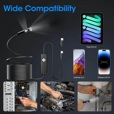 Endoscope with Light, 1920P HD Borescope with 8 Adjustable LED Lights displaying compatibility with devices and inspection uses.