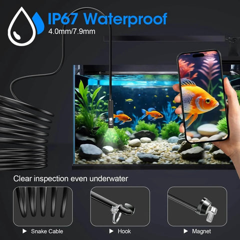Endoscope with Light, 1920P HD Borescope with 8 Adjustable LED Lights, IP67 waterproof inspection tool used in aquarium