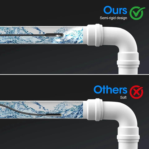 Comparison of semi-rigid and soft cable designs for 16.4FT Semi-Rigid Snake Camera, highlighting structural differences in pipe.