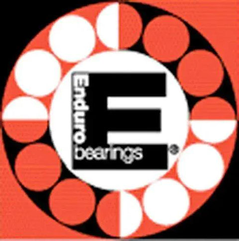 Enduro bearings logo in a circle pattern with red and white segments surrounding a black central design.