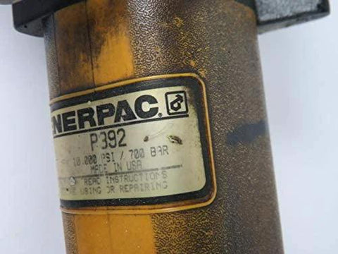 Close-up of Enerpac P-392 2 Speed Lightweight Hand Pump label showing specifications.