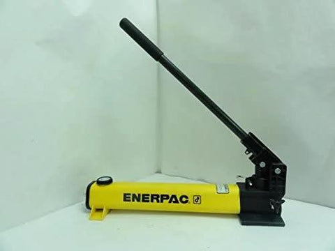 Enerpac P-392 2 Speed Lightweight Hand Pump, yellow body with black handle, side view highlighting compact design.