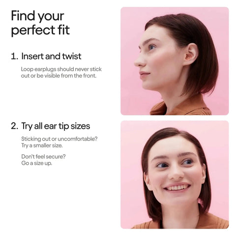 Two images showing how to insert Engage 2 Ear Plugs for Everyday Use with 16 dB Noise Reduction and fit tips for a snug feel