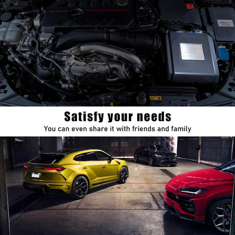 Automobile engine close-up with three cars in a garage, highlighting modern vehicle design and automotive technology.