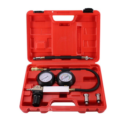 HFS cylinder leak detector test kit in red case with two gauges, hoses, and brass adapters