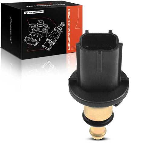 A-Premium engine coolant temperature sensor with connector, black housing and brass tip; box visible.
