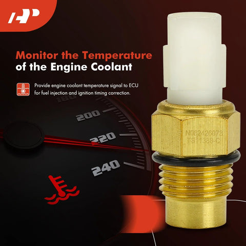 Engine coolant temperature sensor with brass threaded body, white plastic 1-pin connector and black O-ring.