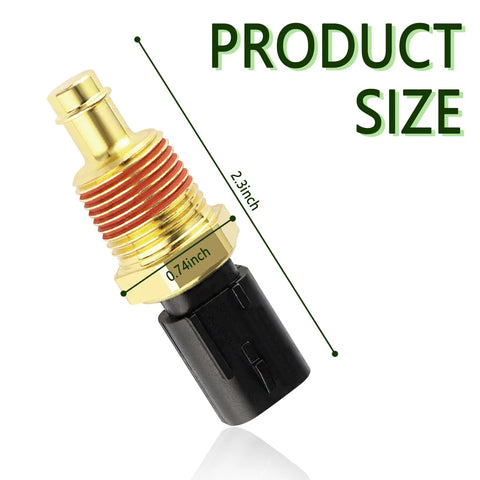 Engine coolant temperature sensor with brass threaded body and black plastic connector, 2.3-inch length.